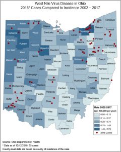 Map of West Nile Virus in Ohio